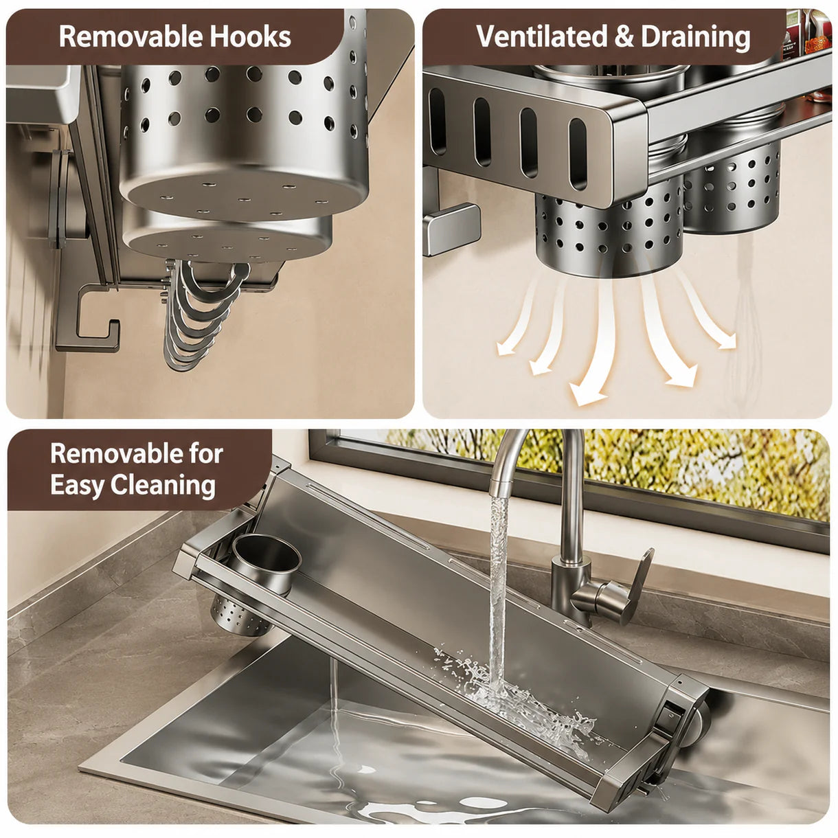 Aluminum Alloy Suction Cup Double Rack with Knife Holder Rack