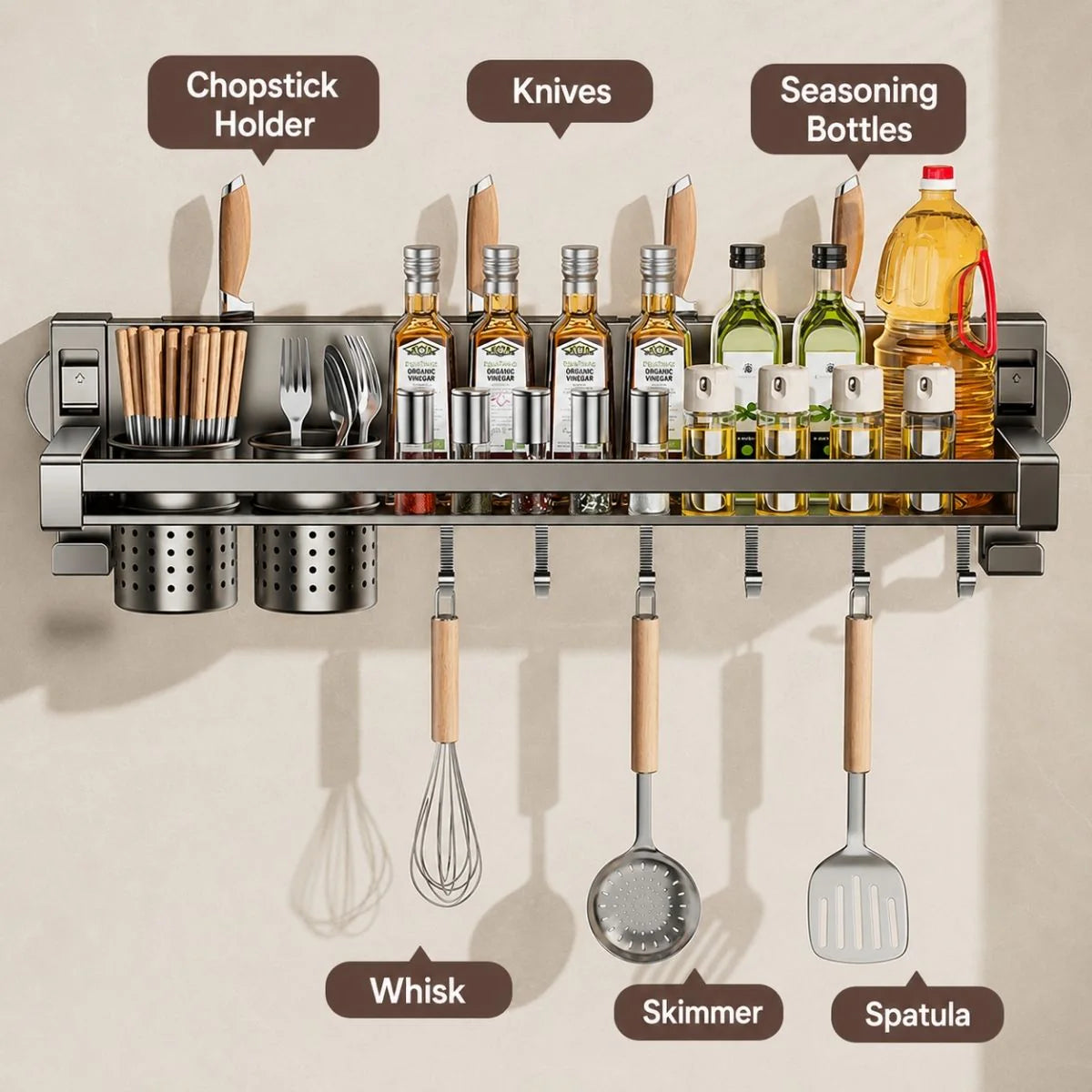 Aluminum Alloy Suction Cup Double Rack with Knife Holder Rack